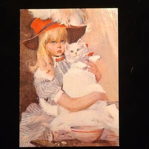 Charming Vintage Girl With Kitten Lithograph